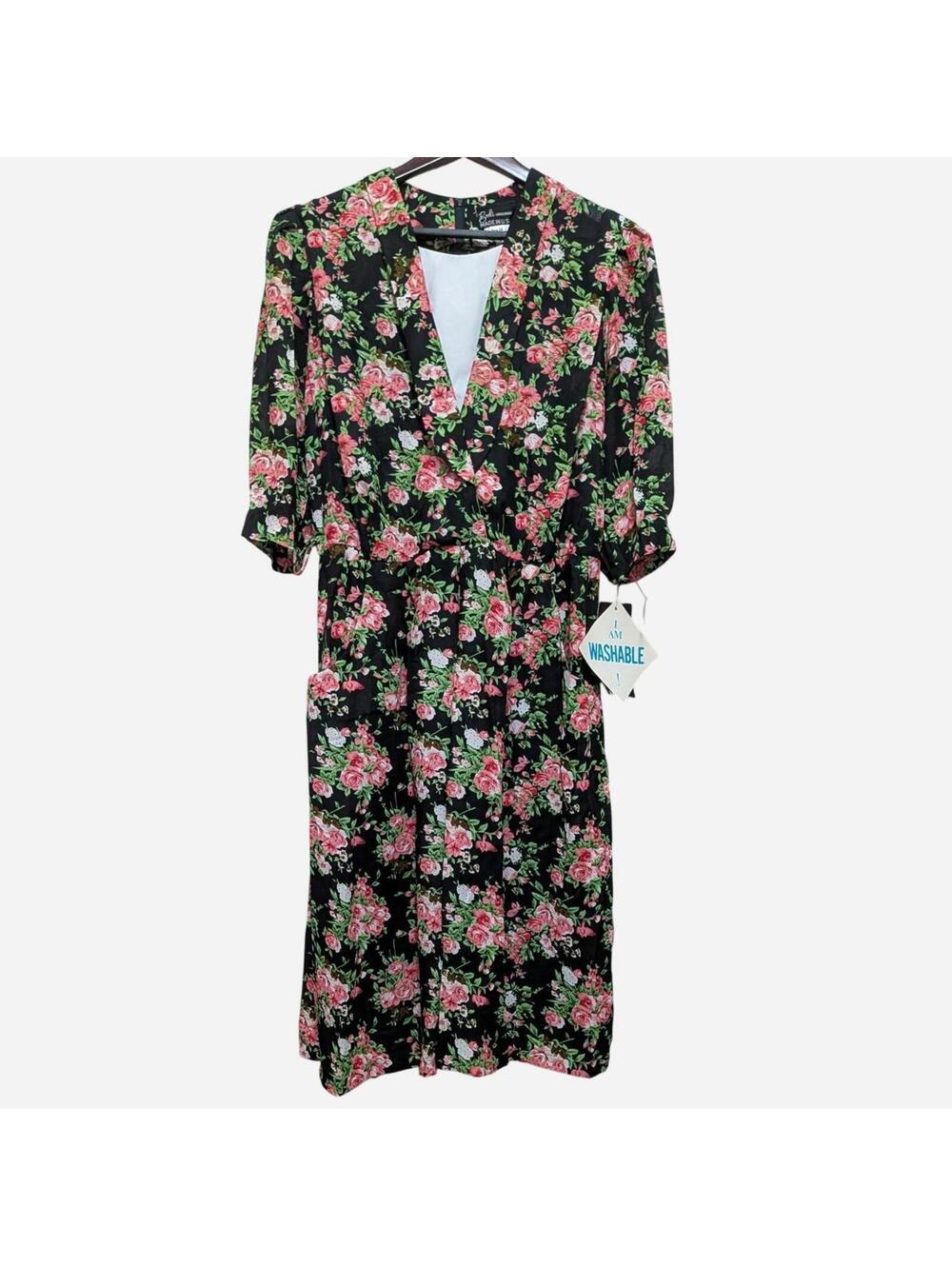 1980s ILGWU Union Made Black Rose Floral Midi Wrap Dress Deadstock Size L/XL